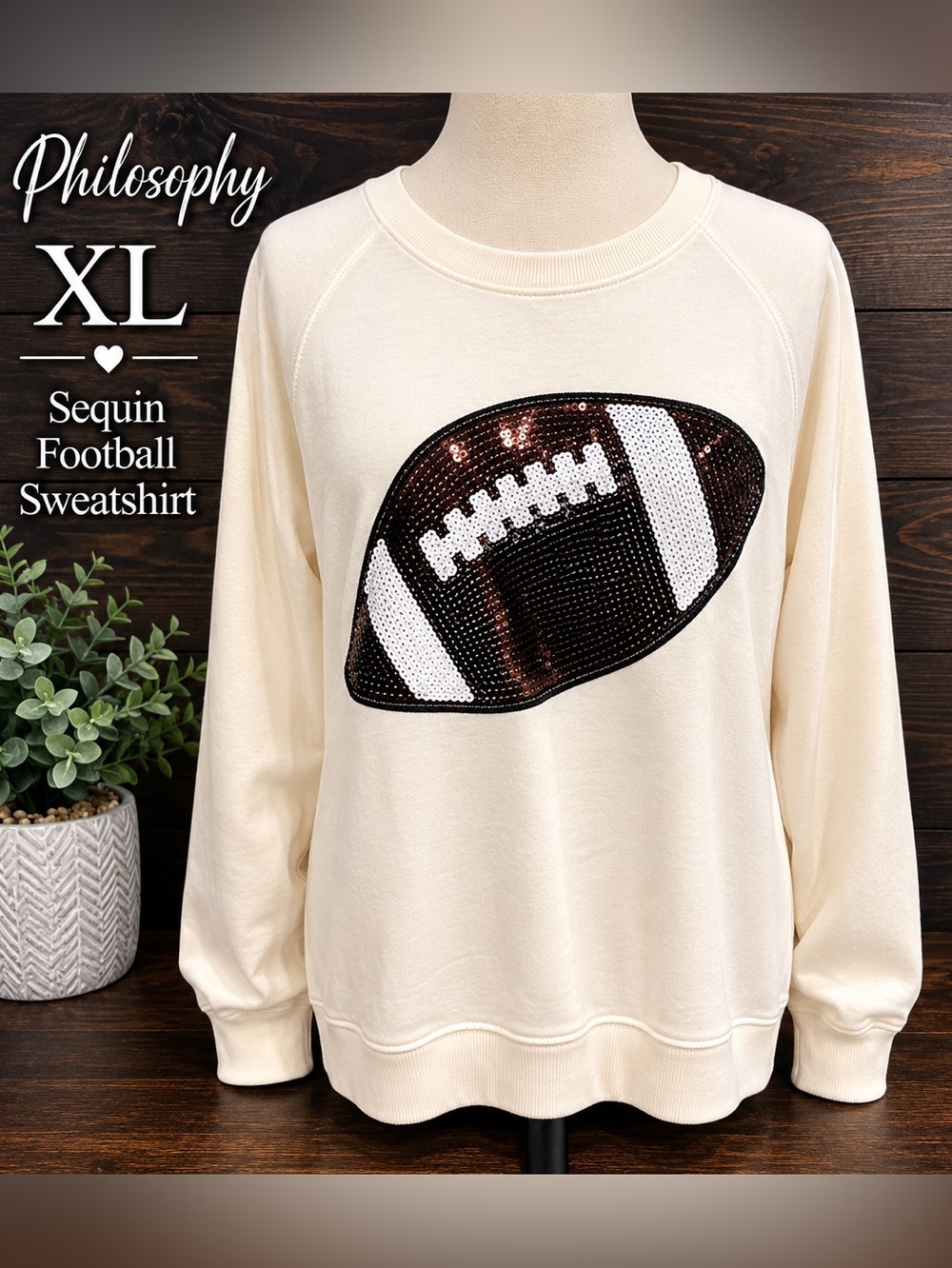 Philosophy XL Cream Sequin Football Sweatshirt Raglan Sleeve Sports Pullover